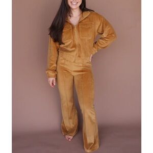 Gold Yellow Corduroy Zip Front Track SET Pants w Collared Jacket NEW so soft